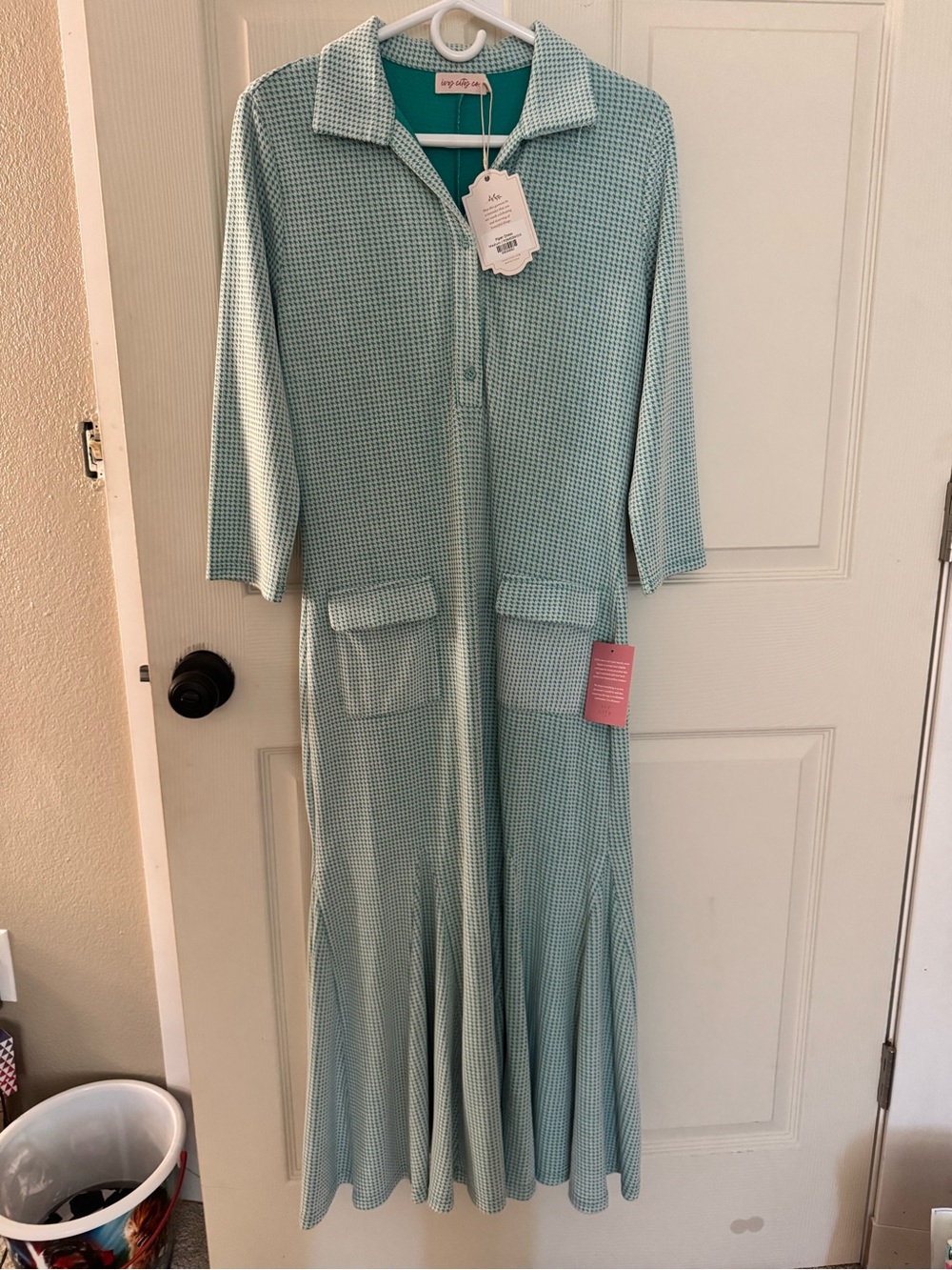 Ivy City Co Piper Dress Green Houndstooth Midi Medium NWT